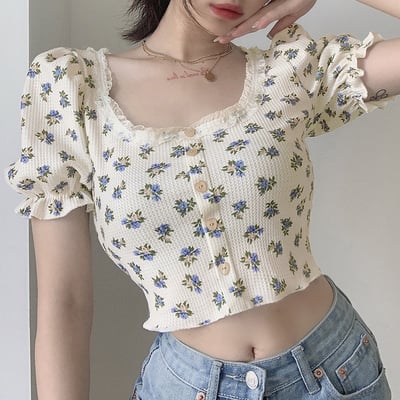 Retro vintage floral blue flower puff sleeve short tops - Thumbnail 5