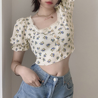 Retro Vintage Floral Blue Flower Puff Sleeve Short Tops - Thumbnail 2
