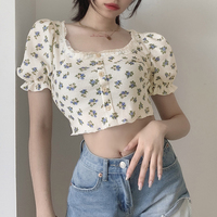 Retro Vintage Floral Blue Flower Puff Sleeve Short Tops - Thumbnail 4