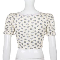 Retro Vintage Floral Blue Flower Puff Sleeve Short Tops - Thumbnail 6