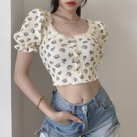 Retro Vintage Floral Blue Flower Puff Sleeve Short Tops - Thumbnail 3