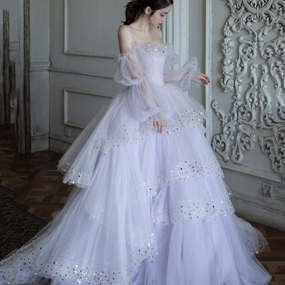 Purple tulle sequins long prom dress a line evening gown - Thumbnail 1