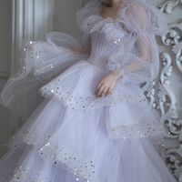 Purple tulle sequins long prom dress A line evening gown - Thumbnail 4