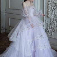 Purple tulle sequins long prom dress A line evening gown - Thumbnail 5