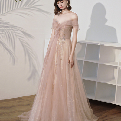 Pink tulle sequins long prom dress a line evening dress