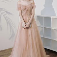 Pink tulle sequins long prom dress A line evening dress - Thumbnail 1