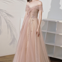 Pink tulle sequins long prom dress A line evening dress - Thumbnail 4