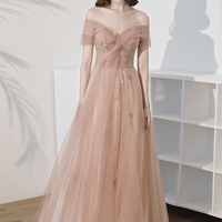 Pink tulle sequins long prom dress A line evening dress - Thumbnail 2