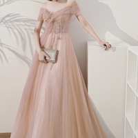 Pink tulle sequins long prom dress A line evening dress - Thumbnail 3