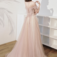 Pink tulle sequins long prom dress A line evening dress - Thumbnail 6
