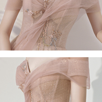 Pink tulle sequins long prom dress A line evening dress - Thumbnail 7