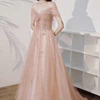 Pink tulle sequins long prom dress A line evening dress - Thumbnail 5