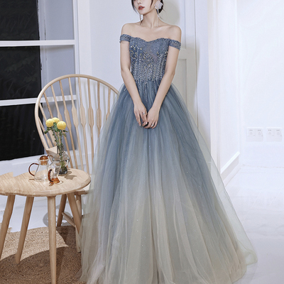 Blue tulle beads long prom dress blue evening dress
