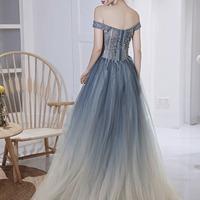 Blue tulle beads long prom dress blue evening dress - Thumbnail 3