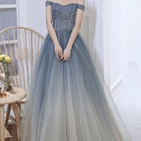 Blue tulle beads long prom dress blue evening dress - Thumbnail 4