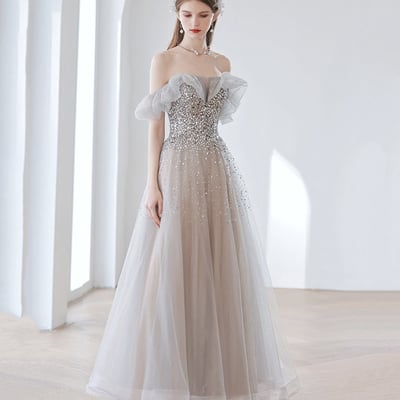 Gray tulle sequins long prom dress a line evening dress - Thumbnail 1