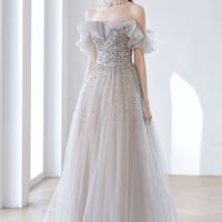 Gray tulle sequins long prom dress A line evening dress - Thumbnail 1