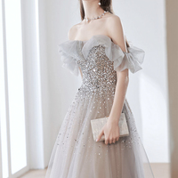 Gray tulle sequins long prom dress A line evening dress - Thumbnail 2