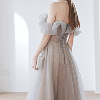 Gray tulle sequins long prom dress A line evening dress - Thumbnail 3