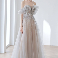 Gray tulle sequins long prom dress A line evening dress - Thumbnail 4