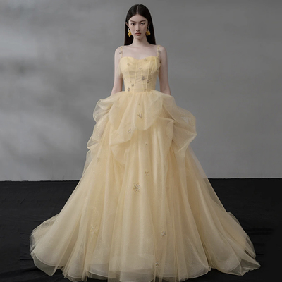 Champagne tulle beads long prom dress formal dress - Thumbnail 3