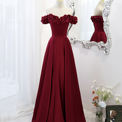 Burgundy satin long prom dress a line evening dress - Thumbnail 1