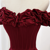 Burgundy satin long prom dress A line evening dress - Thumbnail 1
