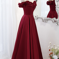 Burgundy satin long prom dress A line evening dress - Thumbnail 2