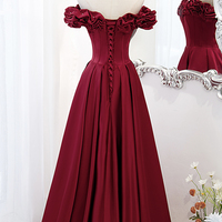 Burgundy satin long prom dress A line evening dress - Thumbnail 3
