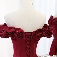 Burgundy satin long prom dress A line evening dress - Thumbnail 4