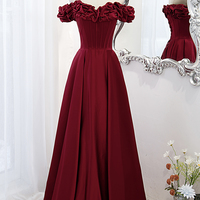 Burgundy satin long prom dress A line evening dress - Thumbnail 5