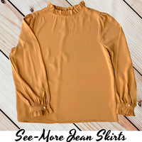 Faith Ruffled Trim Long Sleeve Blouse-Cream, Camel, Black, Navy, Mustard - Thumbnail 4