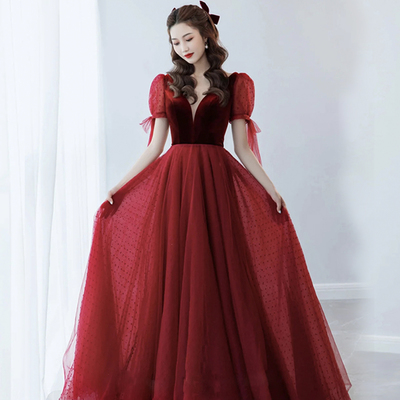 Burgundy velvet tulle long prom dress evening dress - Thumbnail 1