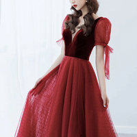 Burgundy velvet tulle long prom dress evening dress - Thumbnail 1