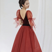 Burgundy velvet tulle long prom dress evening dress - Thumbnail 2