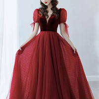 Burgundy velvet tulle long prom dress evening dress - Thumbnail 3