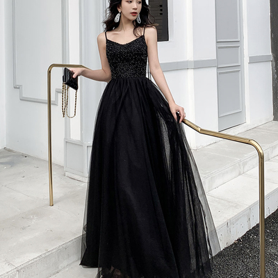 Black tulle beads long prom dress a line evening dress - Thumbnail 1