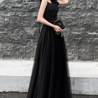 Black tulle beads long prom dress A line evening dress - Thumbnail 1