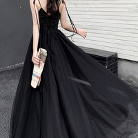Black tulle beads long prom dress A line evening dress - Thumbnail 2