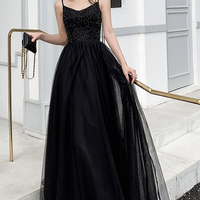 Black tulle beads long prom dress A line evening dress - Thumbnail 3