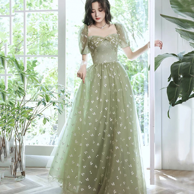 Lovely cherry pattern long prom dress green evening dress - Thumbnail 1