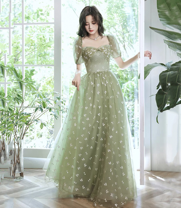 Lovely cherry pattern long prom dress green evening dress