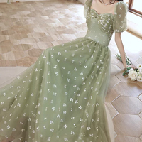 Lovely cherry pattern long prom dress green evening dress - Thumbnail 4