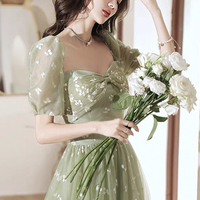 Lovely cherry pattern long prom dress green evening dress - Thumbnail 1