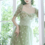Lovely cherry pattern long prom dress green evening dress-2