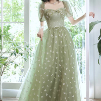 Lovely cherry pattern long prom dress green evening dress - Thumbnail 5