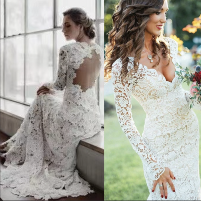 V Neck Lace Wedding Dresses Bridal Gown Backless