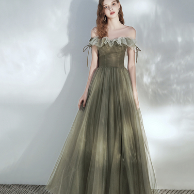 Green tulle long prom dress a line evening dress - Thumbnail 1