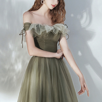 Green tulle long prom dress A line evening dress - Thumbnail 2