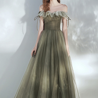 Green tulle long prom dress A line evening dress - Thumbnail 5